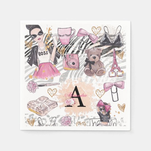 ガールボスラグジュアリーゼブラピンクブラック スタンダードカクテルナプキン (正面)