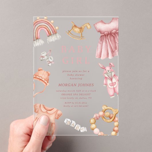 ガールボホア服着子供部屋ベビーシャワー アクリル招待状 (インサイチュ (ポータブル))