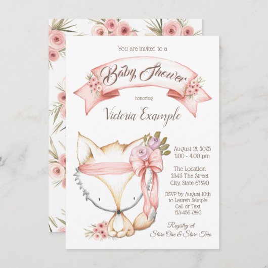 ガールボホキツネベビーシャワー招待状 招待状 (正面/裏面)