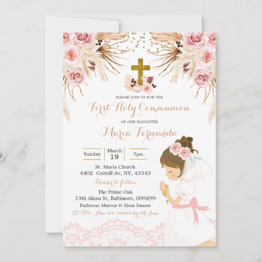 ガールボホパンパスフローラファーストコミュニオン招待状 招待状 (正面)