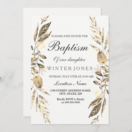 ガールボーイエレガントゴールデンリーフバプテスマ招待状 招待状