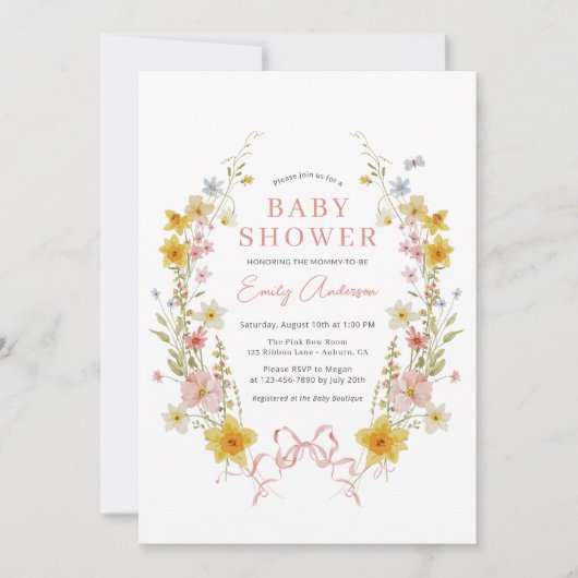 ガールボーピンクワイルドフラワーコケット赤ちゃんシャワー 招待状 (正面)