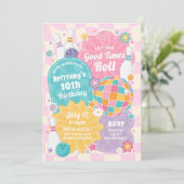 ガールボーリングバースデーパーティーピンクレトロ招待状 招待状 (スタンド正面)