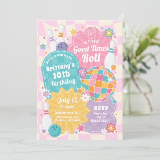 ガールボーリングバースデーパーティーピンクレトロ招待状 招待状 (スタンド正面)