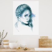 ガールポートレート鉛筆スケッチアートブルー ポスター (キッチン)