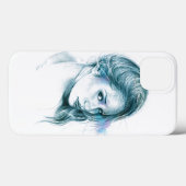 ガールポートレート鉛筆スケッチアートブルー Case-Mate iPhoneケース (裏面 (横))