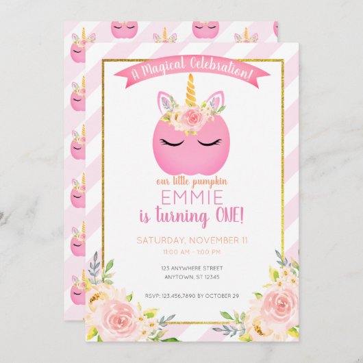 ガールマジカルパーティーパンプキンユニコーン誕生日 招待状 (正面/裏面)