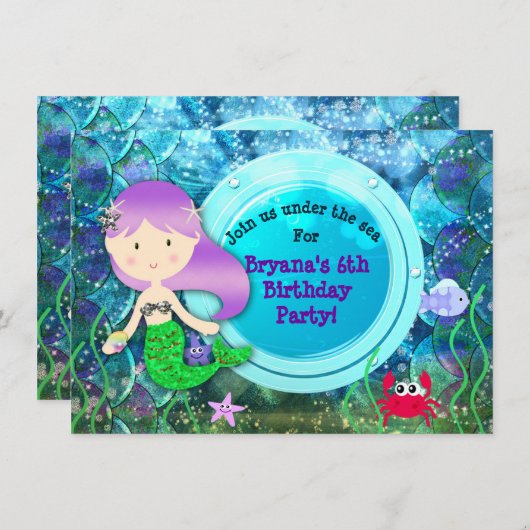 ガールマーメイドバースデーパーティーアンダーザシービーチ 招待状 (正面/裏面)