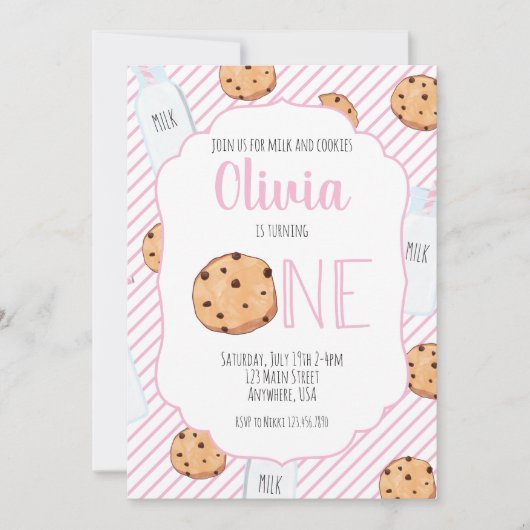 ガールミルクとクッキーピンク最初の誕生日インビタティ 招待状 (正面)