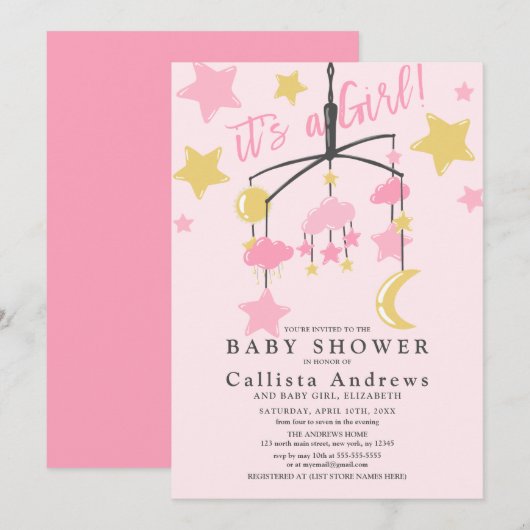 ガールムーンスターズCrib Mobile Baby Shower 招待状 (正面/裏面)