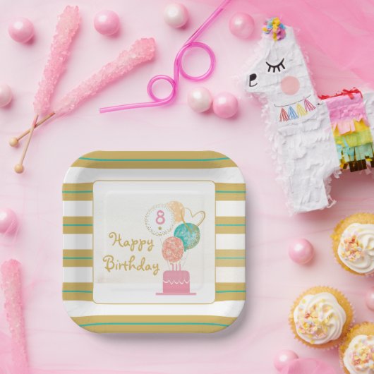 ガールモダンシック金ゴールド8th誕生日紙プレート ペーパープレート (パーティー)