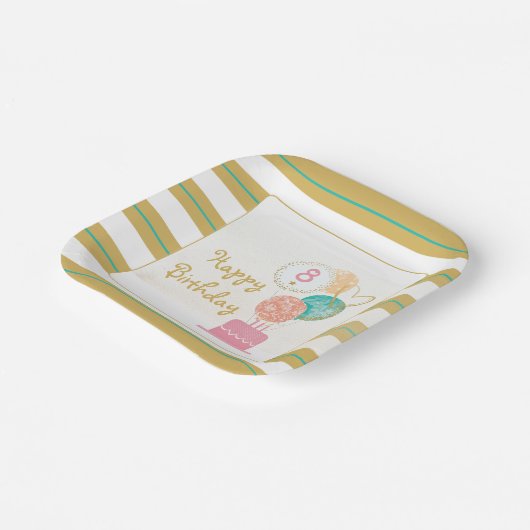 ガールモダンシック金ゴールド8th誕生日紙プレート ペーパープレート (傾斜あり)