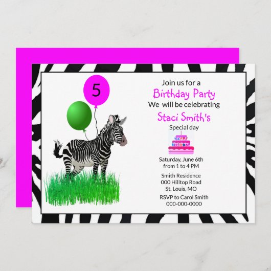ガールモダンズゼブラハッピーバースデー招待状 招待状 (正面/裏面)