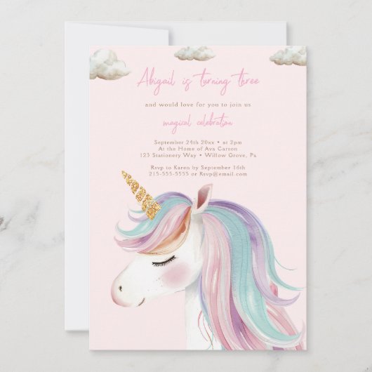 ガールモダンユニコーン誕生日 招待状 (正面)