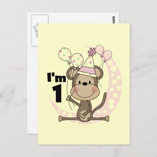 ガールモンキーパーティーハット1st誕生日 ポストカード (正面/裏面)