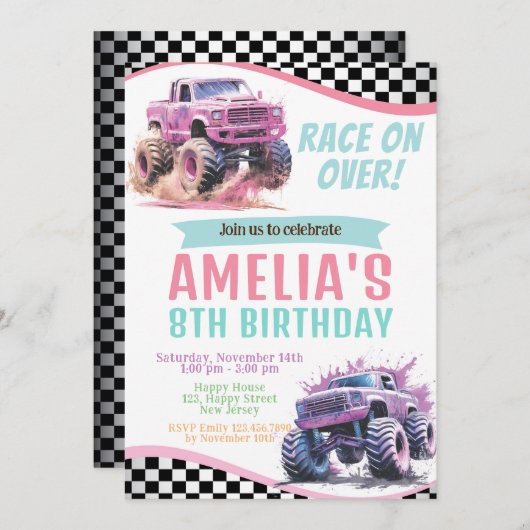 ガールモンスタートラック誕生日招待状。レースに出る 招待状 (正面/裏面)