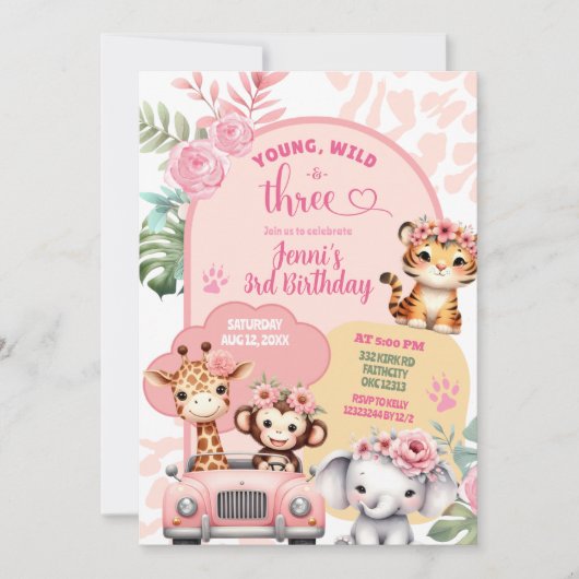 ガールヤングワイルドアンドスリーサファリアニマルズ誕生日 招待状 (正面)