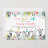 ガールヤング野生及び3つのパーティー動物誕生日 招待状 (正面)
