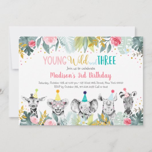 ガールヤング野生及び3つのパーティー動物誕生日 招待状 (正面)
