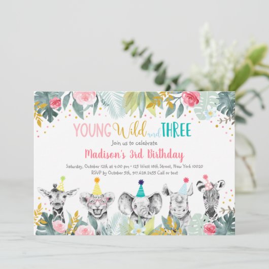 ガールヤング野生及び3つのパーティー動物誕生日 招待状 (スタンド正面)