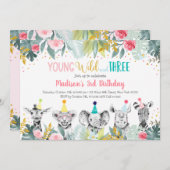 ガールヤング野生及び3つのパーティー動物誕生日 招待状 (正面/裏面)