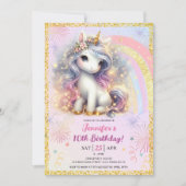 ガールユニコーンピンク金ゴールドグリッター10thバースデーパーティー 招待状 (正面)