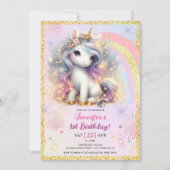 ガールユニコーンピンク金ゴールドグリッター1st誕生日パーティー 招待状 (正面)