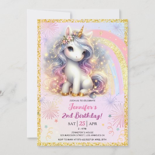 ガールユニコーンピンク金ゴールドグリッター2nd誕生日パーティー 招待状 (正面)