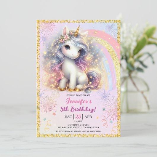 ガールユニコーンピンク金ゴールドグリッター5thバースデーパーティー 招待状 (スタンド正面)