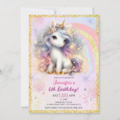 ガールユニコーンピンク金ゴールドグリッター6thバースデーパーティー 招待状 (正面)