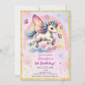 ガールユニコーン金ゴールドグリッターピンク1st誕生日パーティー 招待状 (正面)