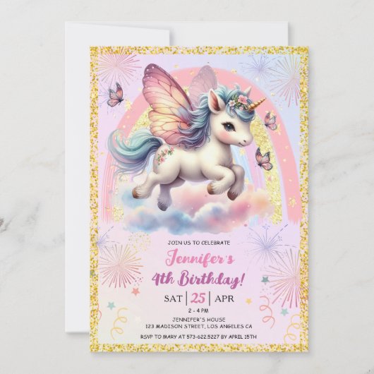 ガールユニコーン金ゴールドグリッターピンク4th誕生日パーティー 招待状 (正面)