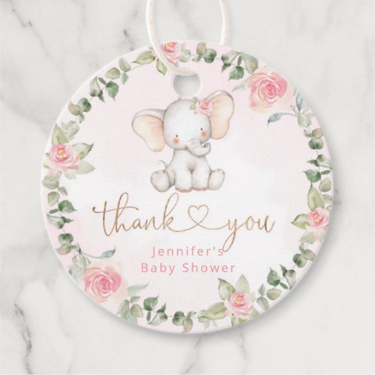 ガールユーカリのピンクの象の赤ちゃんシャワー フェイバータグ (正面)
