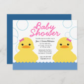 ガールラバーダッキー（アヒルちゃん）ツインベビーシャワー招待 招待状 (正面/裏面)