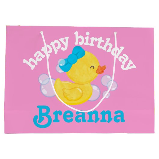 ガールラバーダッキー（アヒルちゃん）パーソナライズされた誕生日 ラージペーパーバッグ (裏面)