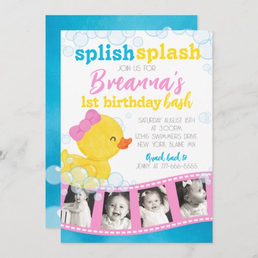 ガールラバーダックフィルムストリップ数々の写真誕生日 招待状 (正面/裏面)