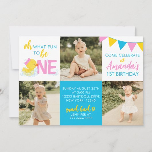 ガールラバーダック3フォト誕生日招待状 招待状 (正面)