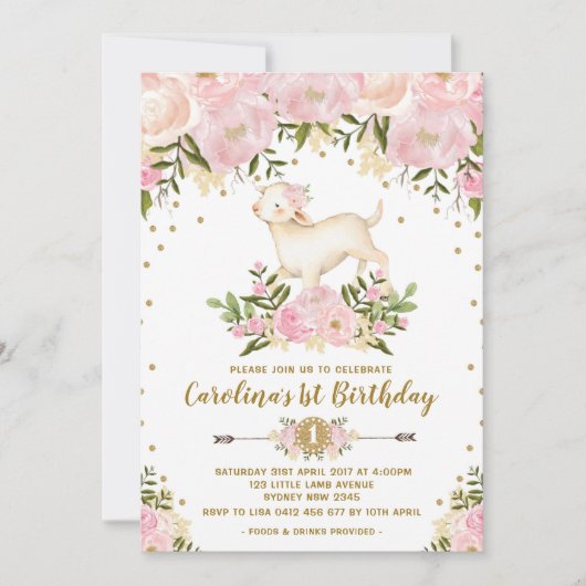 ガールラム誕生日招待状ピンクフローラファーム 招待状 (正面)