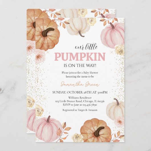 ガールリトルカボチャ赤ちゃんシャワー 招待状 (正面/裏面)
