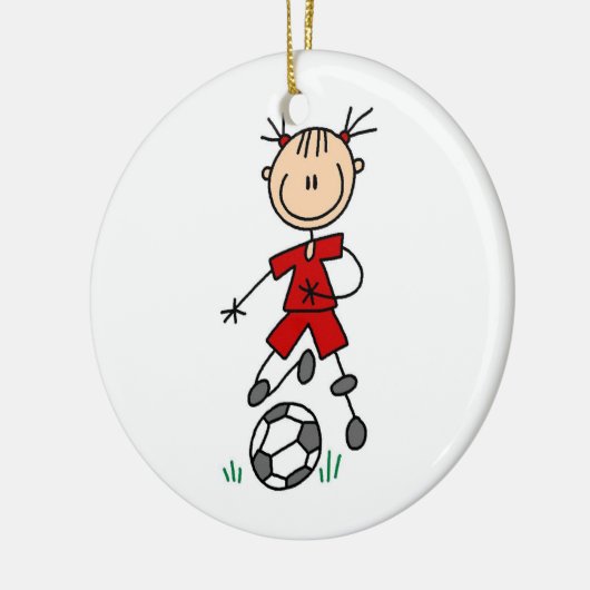 ガールレッド制服スティックフィギュアサッカー選手のギフト セラミックオーナメント (左)