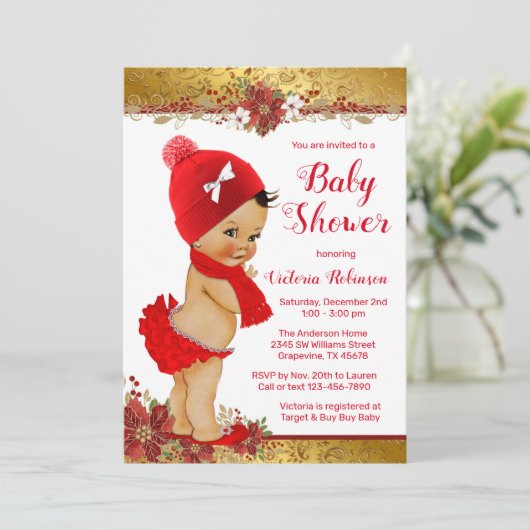 ガールレッド金ゴールドクリスマスベビーシャワーエスニック 招待状 (スタンド正面)