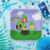 ガールレプレチャウンレインボーと金ゴールドのポット ペーパープレート (パーティー)