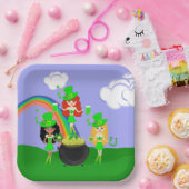 ガールレプレチャウンレインボーと金ゴールドのポット ペーパープレート (パーティー)