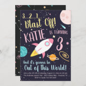 ガールロケット船外宇宙誕生日招待状 招待状 (正面/裏面)