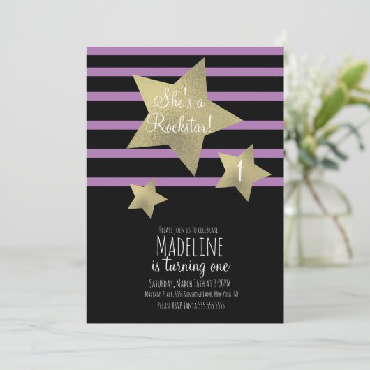 ガールロックスターギタフェイクー金ゴールドスター誕生日 招待状 (スタンド正面)