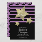 ガールロックスターギタフェイクー金ゴールドスター誕生日 招待状 (正面/裏面)