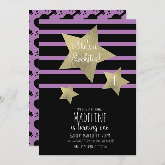ガールロックスターギタフェイクー金ゴールドスター誕生日 招待状 (正面/裏面)