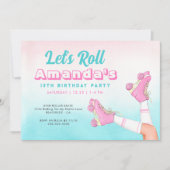 ガールローラースケートで滑るピンク&ブルー誕生日 招待状 (正面)
