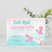 ガールローラースケートで滑るピンク&ブルー誕生日 招待状 (スタンド正面)