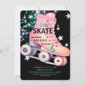 ガールローラースケートで滑るブラックネオンバースデーパーティー 招待状 (正面)